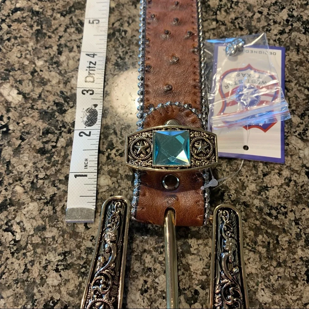 Men's West Star Texas Leather Bling Belt with Blue Crystal Conchos Size Large - Picture 11 of 11